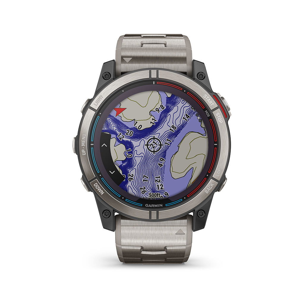 Detalj av Garmin quatix 7X Sapphire Solar Titan skjerm