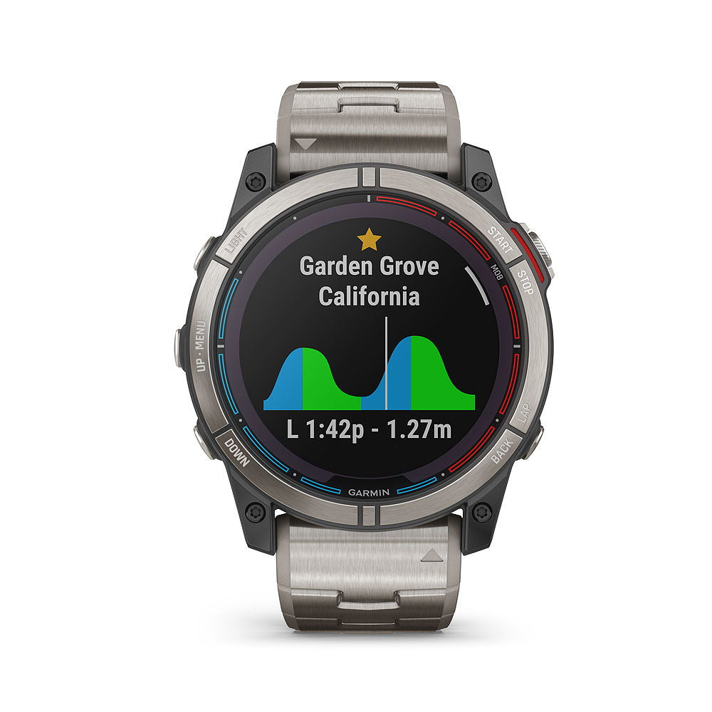 Nærbilde av Garmin quatix 7X Sapphire Solar Titan titanramme