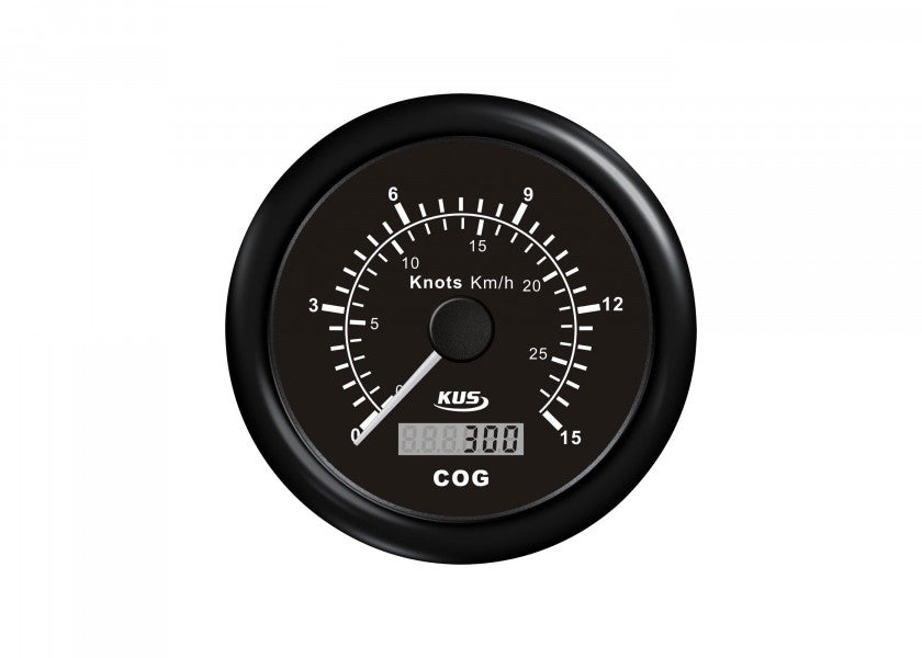 GPS speedometer 85 mm 0-15 knop med kompass og antenne 12V forfra