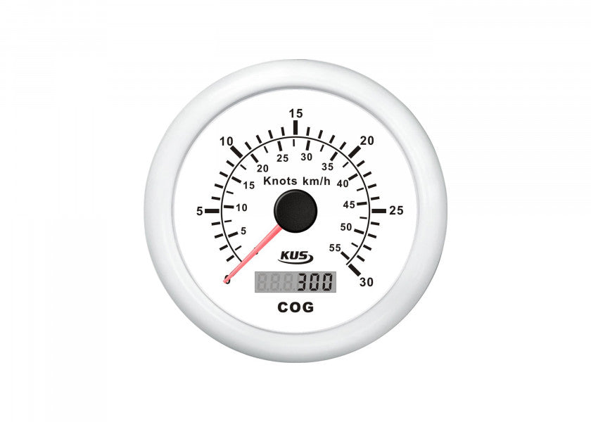 GPS speedometer 85 mm 0-30 knop hvit med kompass bakside