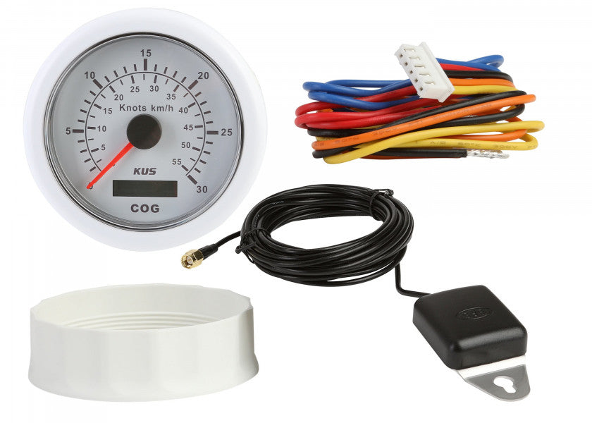 Detalj av GPS speedometer 85 mm 0-30 knop hvit med kompass