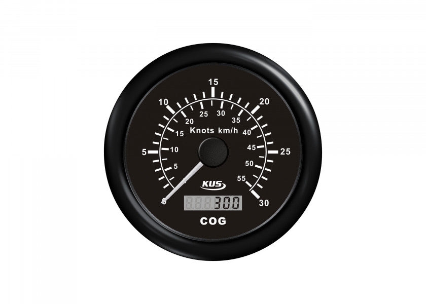 GPS speedometer 85 mm 0-30 knop sort med kompass og antenne forfra