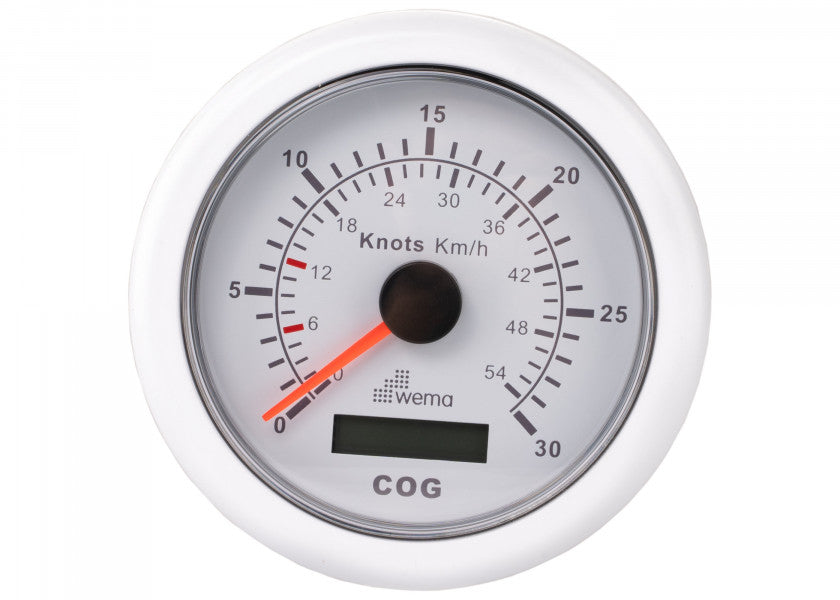GPS speedometer hvit 30 knop analog og digital visning 12V front