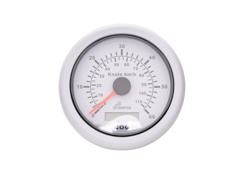 GPS speedometer hvit 60 knop analog og digital visning 12V Wema forfra