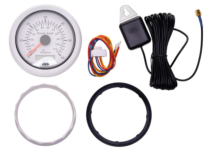 GPS speedometer hvit 60 knop analog og digital visning 12V Wema bakside