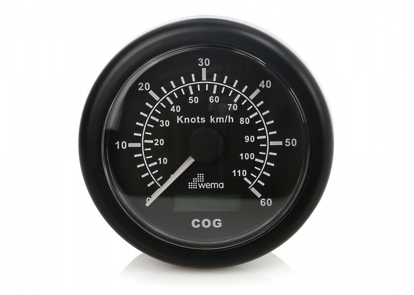 GPS speedometer svart 60 knop analog og digital visning montert i båt