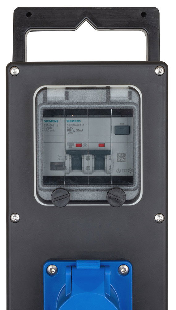 Gummifordeler PowerX-Line 230V med jordfeilbryter bakside