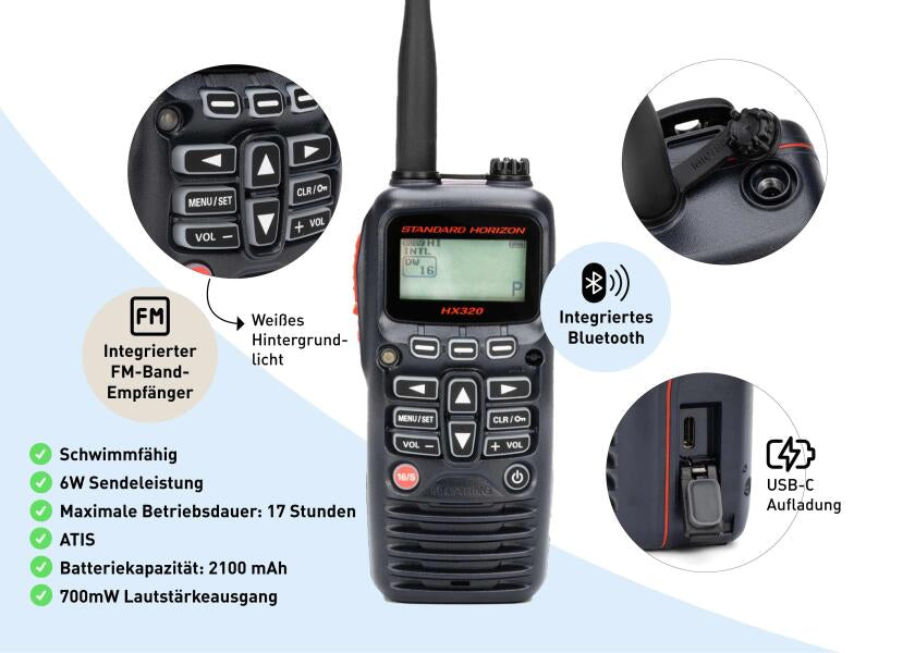 Håndholdt VHF HX320E 6W flytende med USB-C med vannsprut