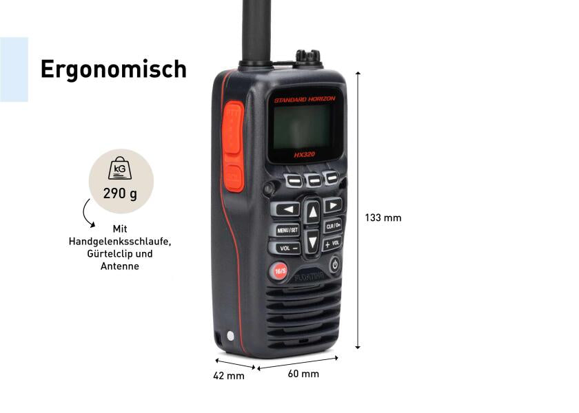 Håndholdt VHF HX320E 6W flytende med USB-C pakkeinnhold