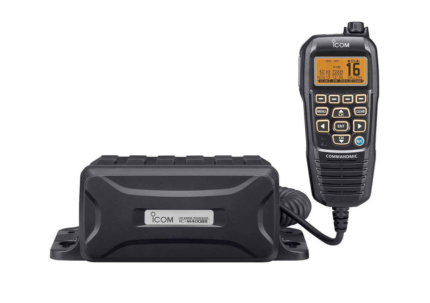 ICOM IC-M400BBE stasjonær VHF black box med COMMANDMIC HM-195B forfra