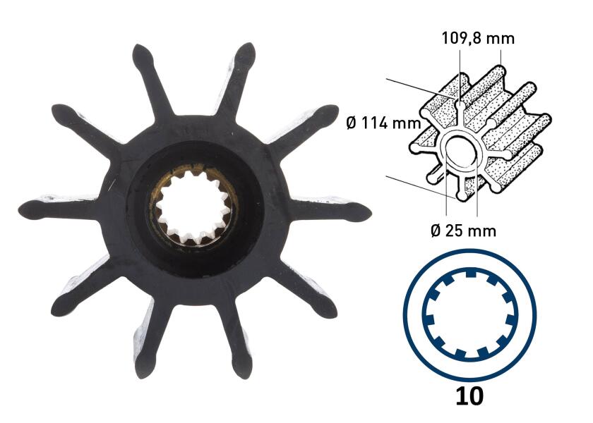 Impeller neopren 10 blader 25 mm innvendig diameter type 10 forfra