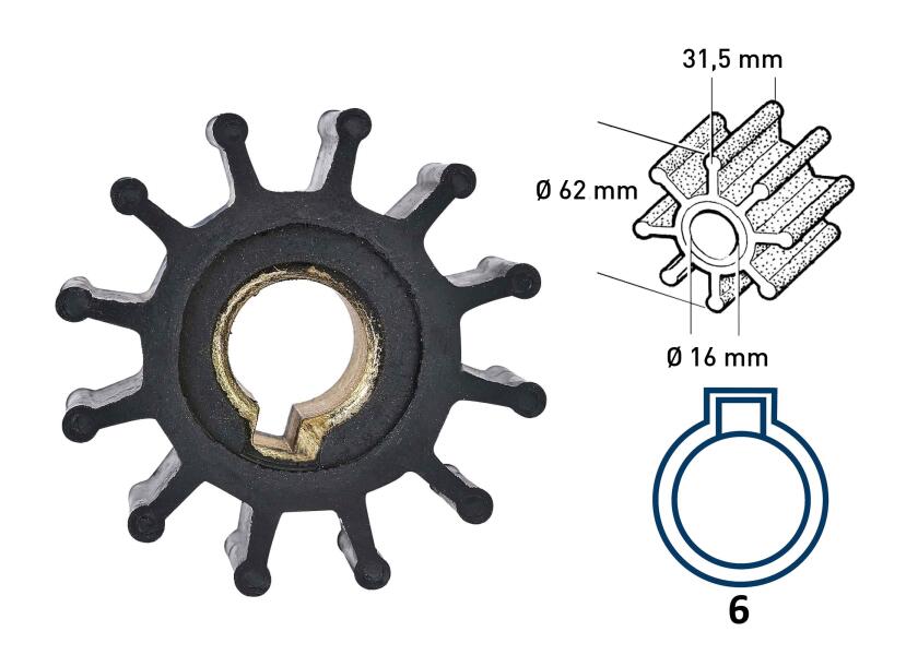 Impeller neopren 12 blader type 6 innvendig diameter 16 mm foran