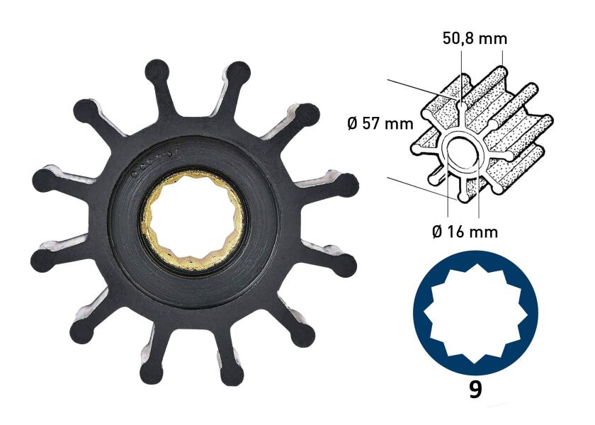 Impeller neopren 12 blader type 9 innvendig 16 mm forfra