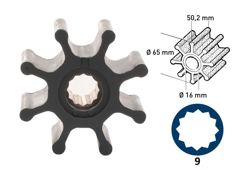 Nærbilde av blader på Impeller neopren 8 blader 16 mm innvendig diameter type 9