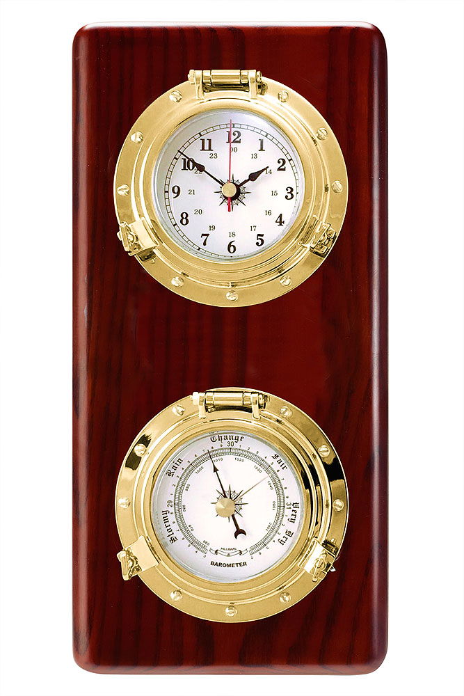 Instrumentserie 2-delt på mahogni barometer og klokke messing forside
