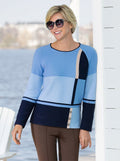 Intarsia-genser dame med raglanermer og rundhals forfra