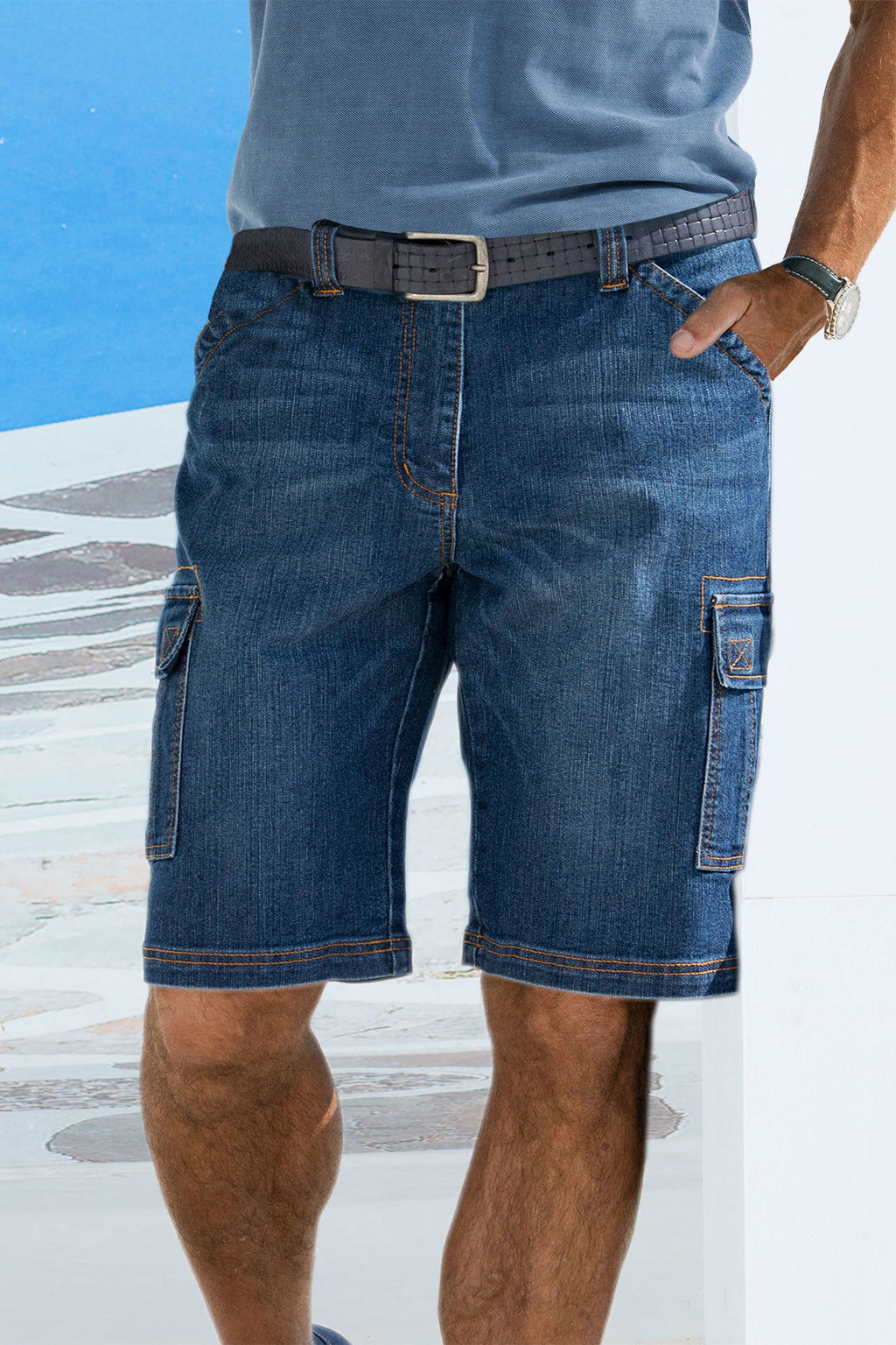 Jeans cargobermuda med stretch og lommer forfra - Capt.Scott