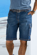 Jeans cargobermuda med stretch og lommer forfra - Capt.Scott