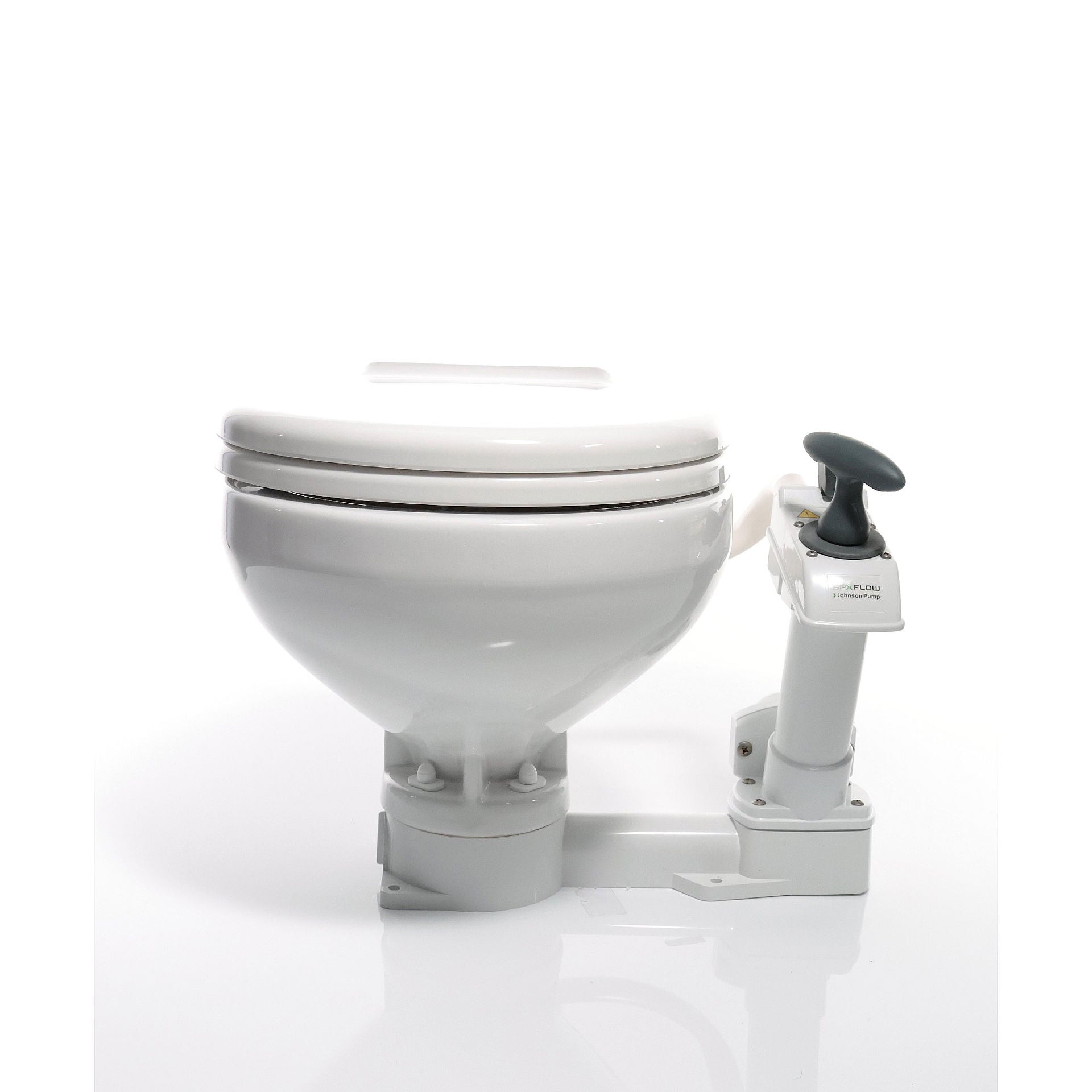 Johnson Pump Aqua T manuelt toalett porselen soft close detalj av pumpe