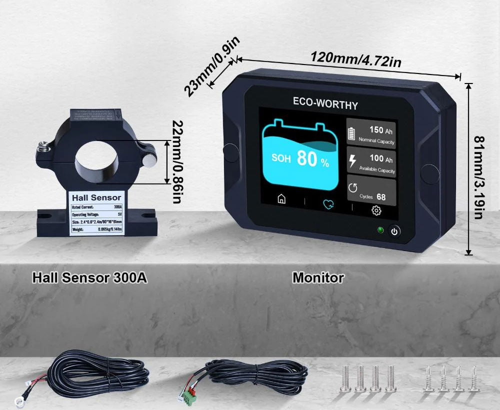 Kabler og skruer for Batterimonitor 300A med 3,5" berøringsskjerm