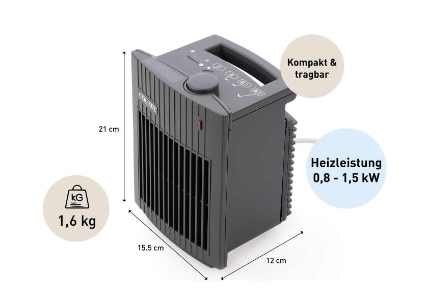 Keramisk vifteovn 230 V 0,8-1,5 kW trinnløs regulering mørkegrå med justeringsknapp