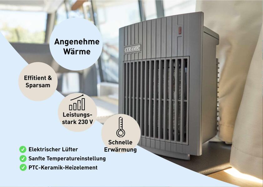 Keramisk vifteovn 230 V 0,8-1,5 kW trinnløs regulering mørkegrå i bruk ombord
