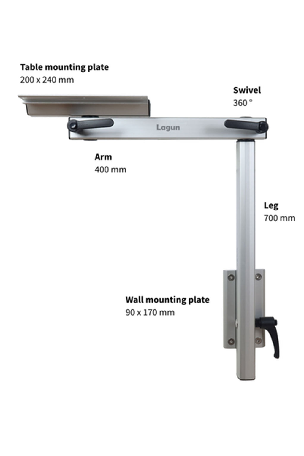 Lagun bordsøyle sammenleggbar og dreibar eloksert aluminium bakside