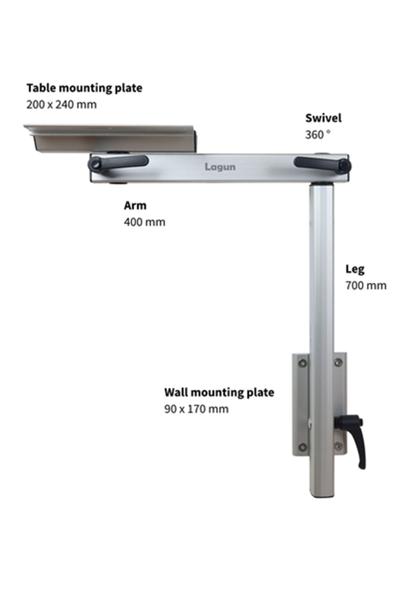 Lagun bordsøyle sammenleggbar og dreibar eloksert aluminium bakside