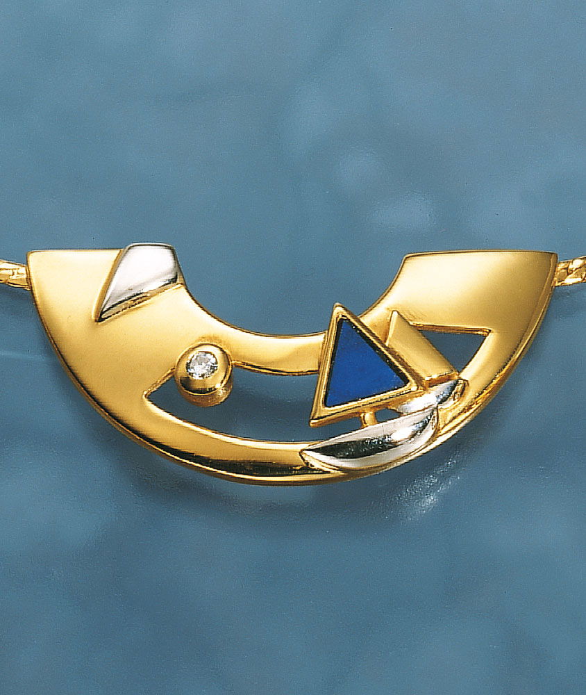 Lapis halskjede med seilskip og diamant 0,02 ct 42 cm forfra