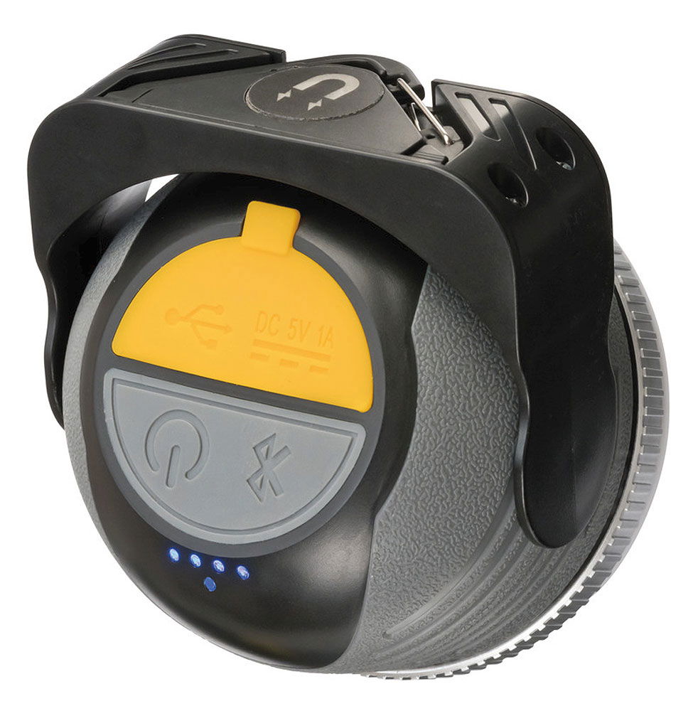 LED campinglampe med Bluetooth-høyttaler oppladbar IP44 Brennenstuhl detalj av knapp