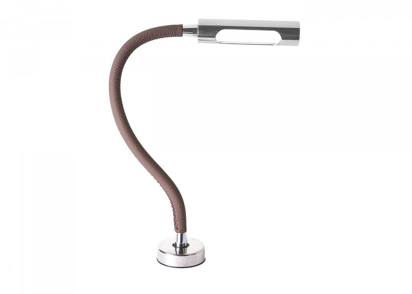 LED leselampe CALIFFA med brunt skinnbelegg forfra