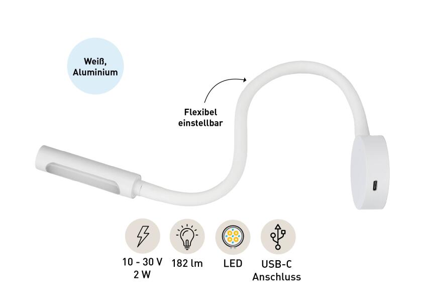 LED leselampe med dimmer og USB-C hvit varmhvit/rød - SEATEC vinklet