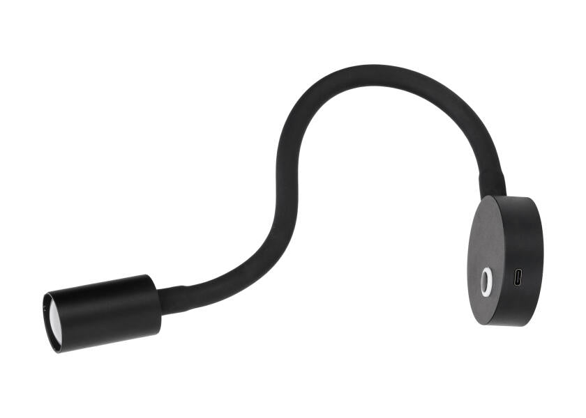 LED leselampe med dimmer og USB-C svart varmhvit fleksibel arm forfra