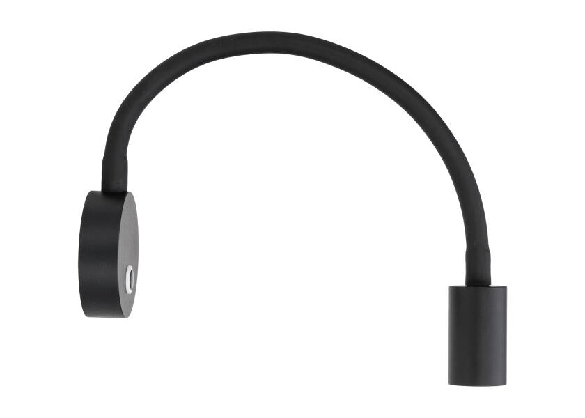 Nærbilde av LED leselampe med dimmer og USB-C svart varmhvit fleksibel arm
