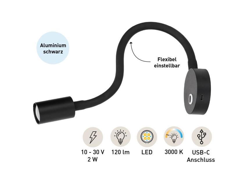 LED leselampe med dimmer og USB-C svart varmhvit fleksibel arm - SEATEC