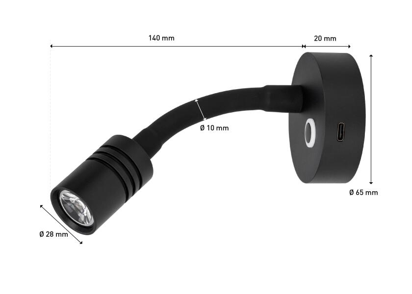 LED leselampe med dimmer og USB-C svart varmhvit lys - SEATEC lysstyrke