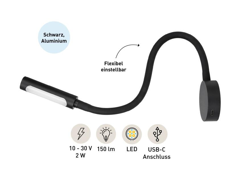 LED leselampe med dimmer og USB-C svart varmhvit/rød - SEATEC USB-C ladekabel