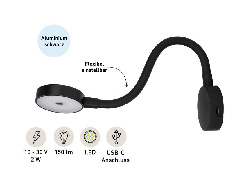 LED leselampe med dimmer og USB svart - SEATEC sideprofil