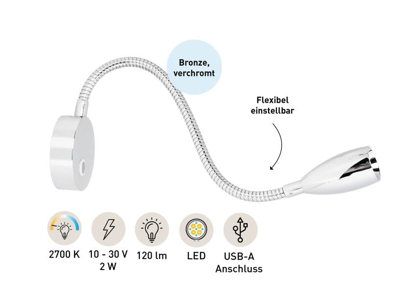 Sidebilde av LED leselampe med fleksibel arm touch-dimmer og USB SEATEC