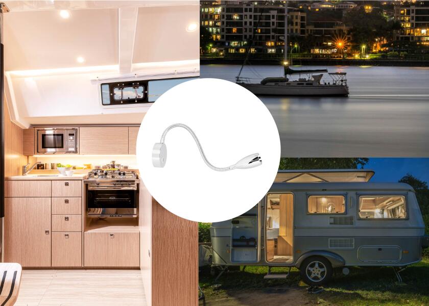 LED leselampe med fleksibel arm touch-dimmer og USB SEATEC på kartbord