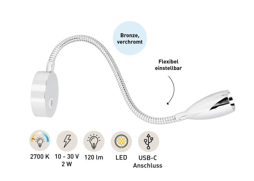 LED leselampe med fleksibel arm, touch-dimmer og USB-C SEATEC nærbilde av lampehode
