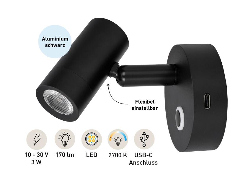 LED leselampe med touch-bryter og USB-C svart 2700K i båtinteriør