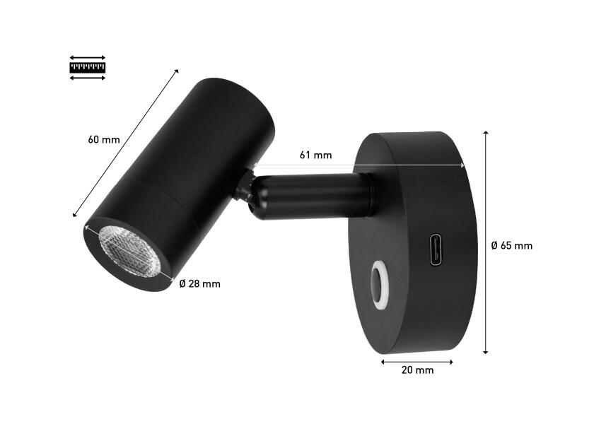 LED leselampe med touch-bryter og USB-C svart 2700K produktpakke