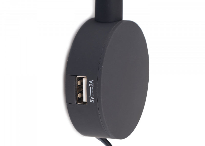 LED leselampe VOLOS dimmbar med 2 USB-porter svart nærbilde av lampearm