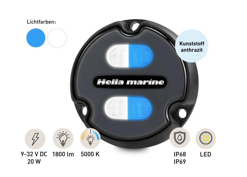 LED undervannslys APELO A1 kunststoff antrasitt med lys