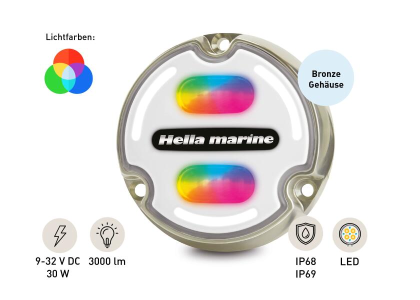 LED undervannslys APELO A2 RGB bronse hvit 3000 lumen - Hella Marine