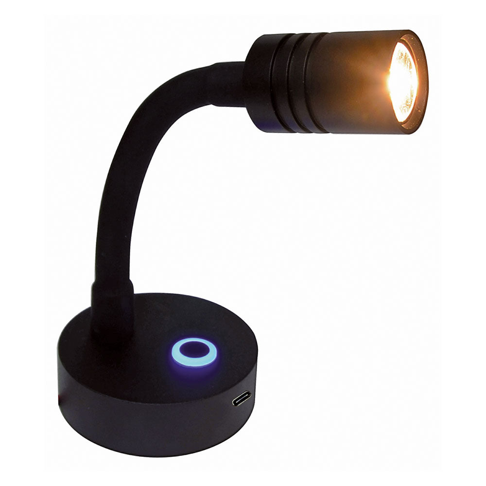 LED vegglampe Apollo sort med USB-C forfra