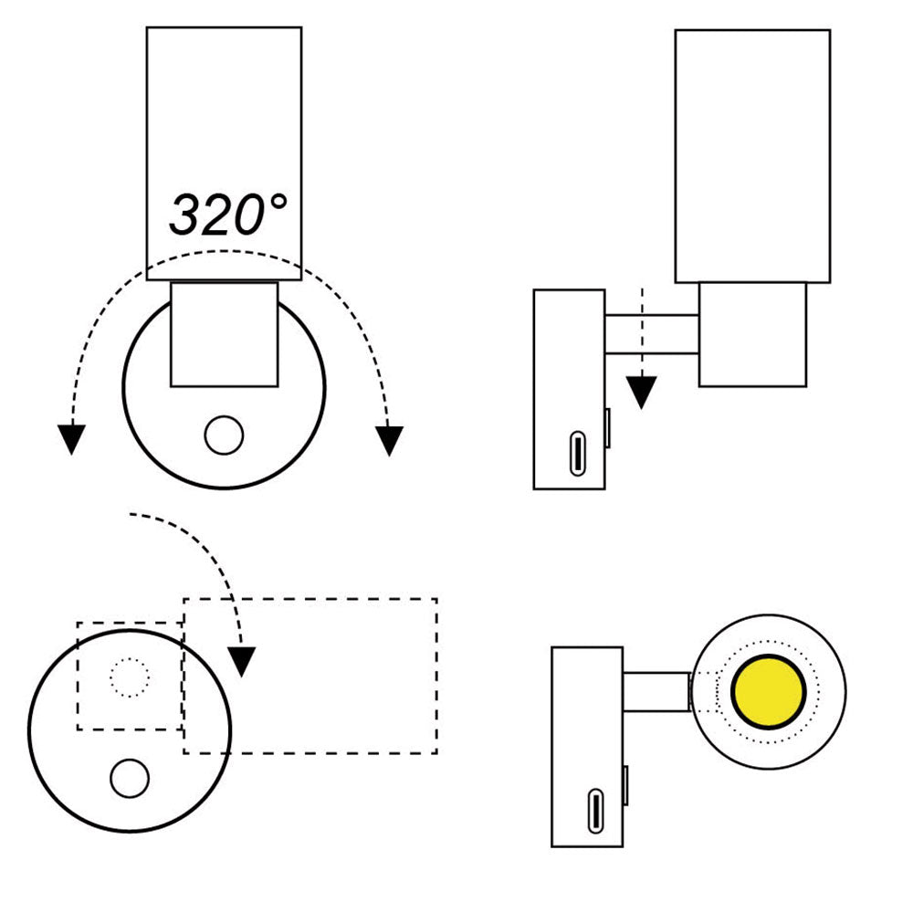 Nærbilde av LED vegglampe Girare med USB-C port