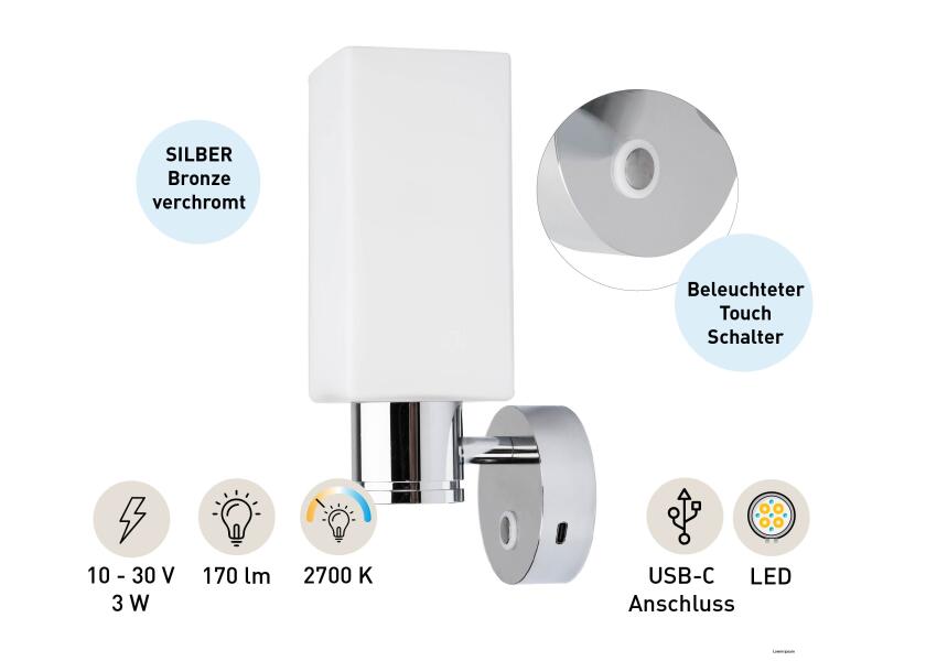 LED vegglampe kantet med touch-bryter og USB-C ladeport 2700K SEATEC nærbilde av lampeflate