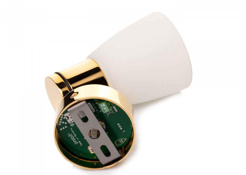 Detalj av LED vegglampe R1-1 gull blank kritthvitt glass